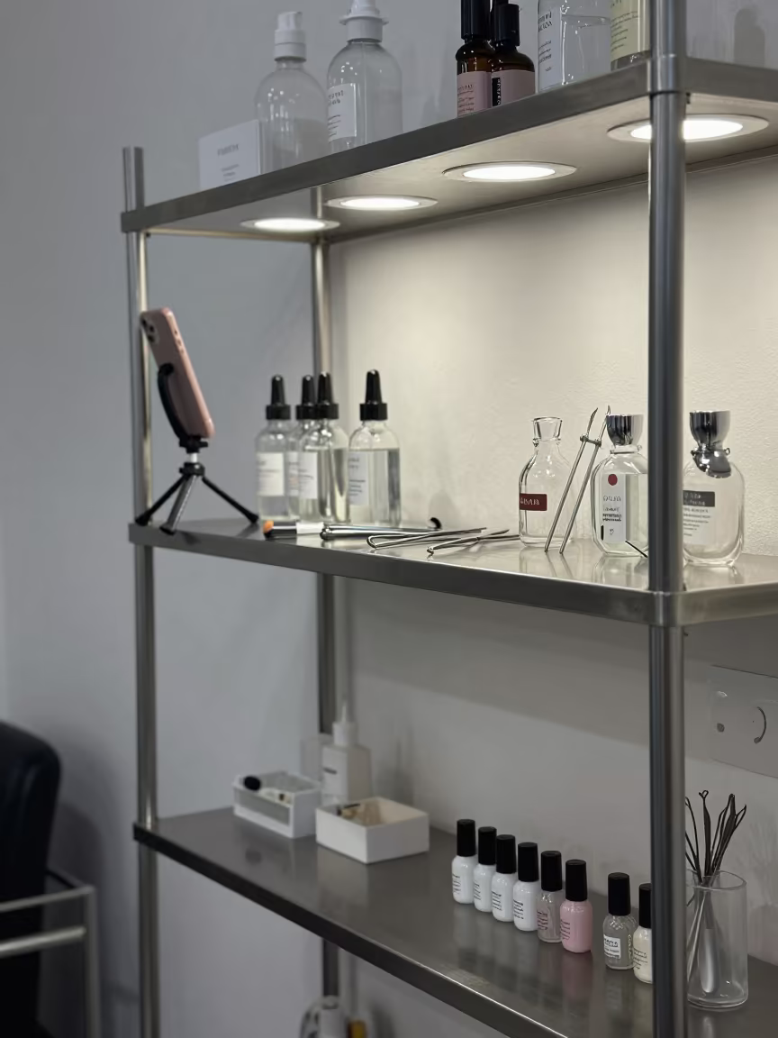Midnight Salon Shelf with Tools in Byron Bay Studio in inside a nail studio in Byron Bay