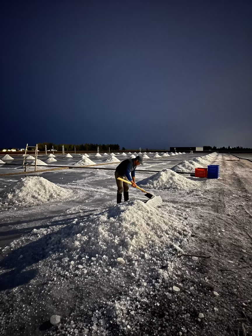 Midnight Salt Harvest in Oregon Pond Shadow in among orchard ladders and crates in Oregon