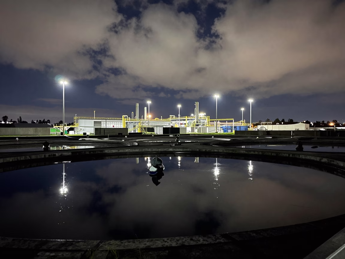 Midnight San Diego Harbor Industrial Water Treatment Basin Reflections Under Dark Sky in in San Diego, California, United States