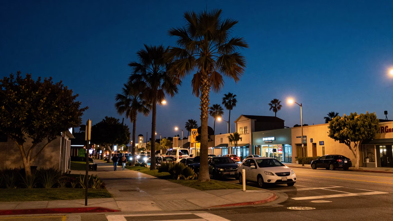 Midnight San Diego Street Scene with Acai Palm and Urban Nightlife in in San Diego, California, United States