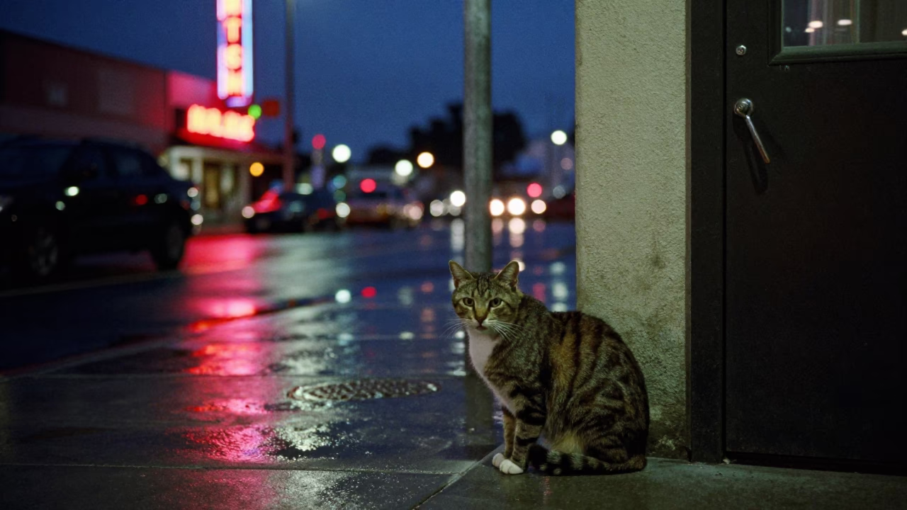 Midnight San Diego Street Scene with American Curl Cat and Neon Reflections in in San Diego, California, United States