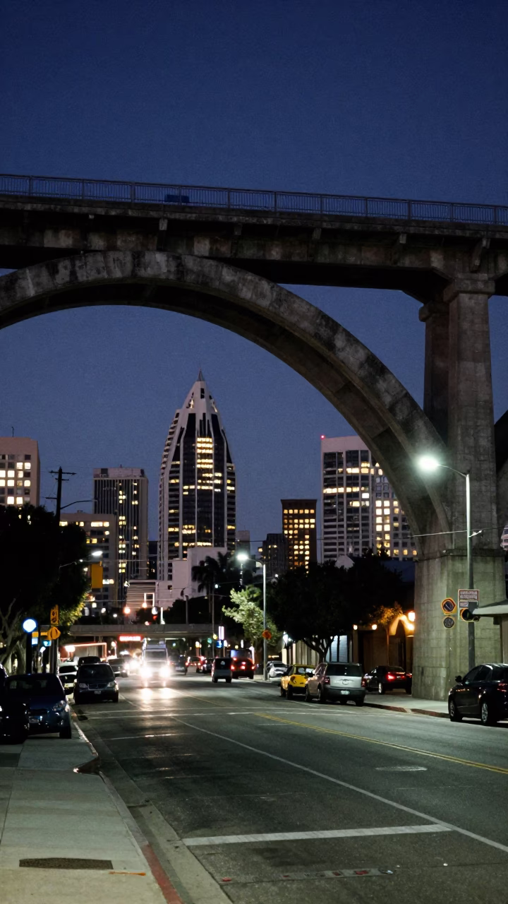 Midnight San Diego Street Scene with Railway Viaduct and City Lights in in San Diego, California, United States