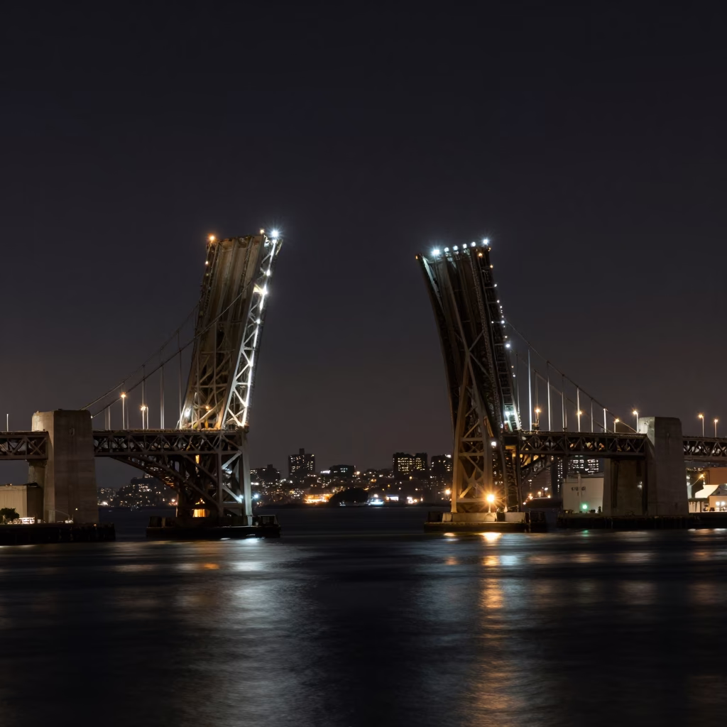Midnight San Francisco Drawbridge Lift Over Dark Tidal Channel Urban Night Scene in in San Francisco, California, United States
