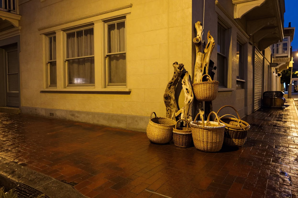 Midnight San Francisco Street Corner with Woven Baskets and Driftwood at Night in in San Francisco, California, United States