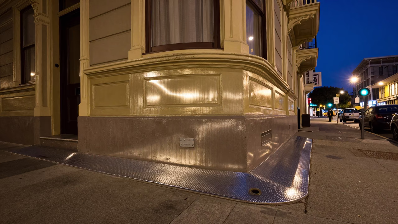 Midnight San Francisco Street Scene with Brushed Steel Sill and Urban Details in in San Francisco, California, United States