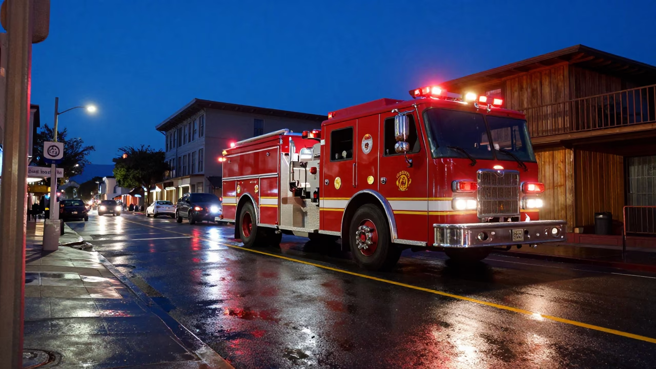 Midnight San Francisco Street Scene with Fire Engine and Wooden Sailboat in Bay in in San Francisco, California, United States