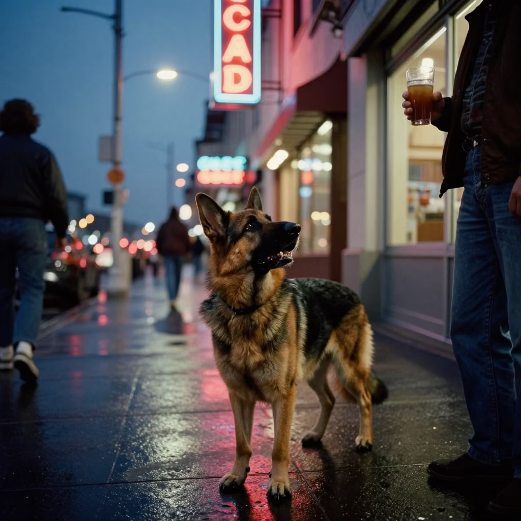 Midnight San Francisco Street Scene with German Shepherd and Neon Lights in in San Francisco, California, United States