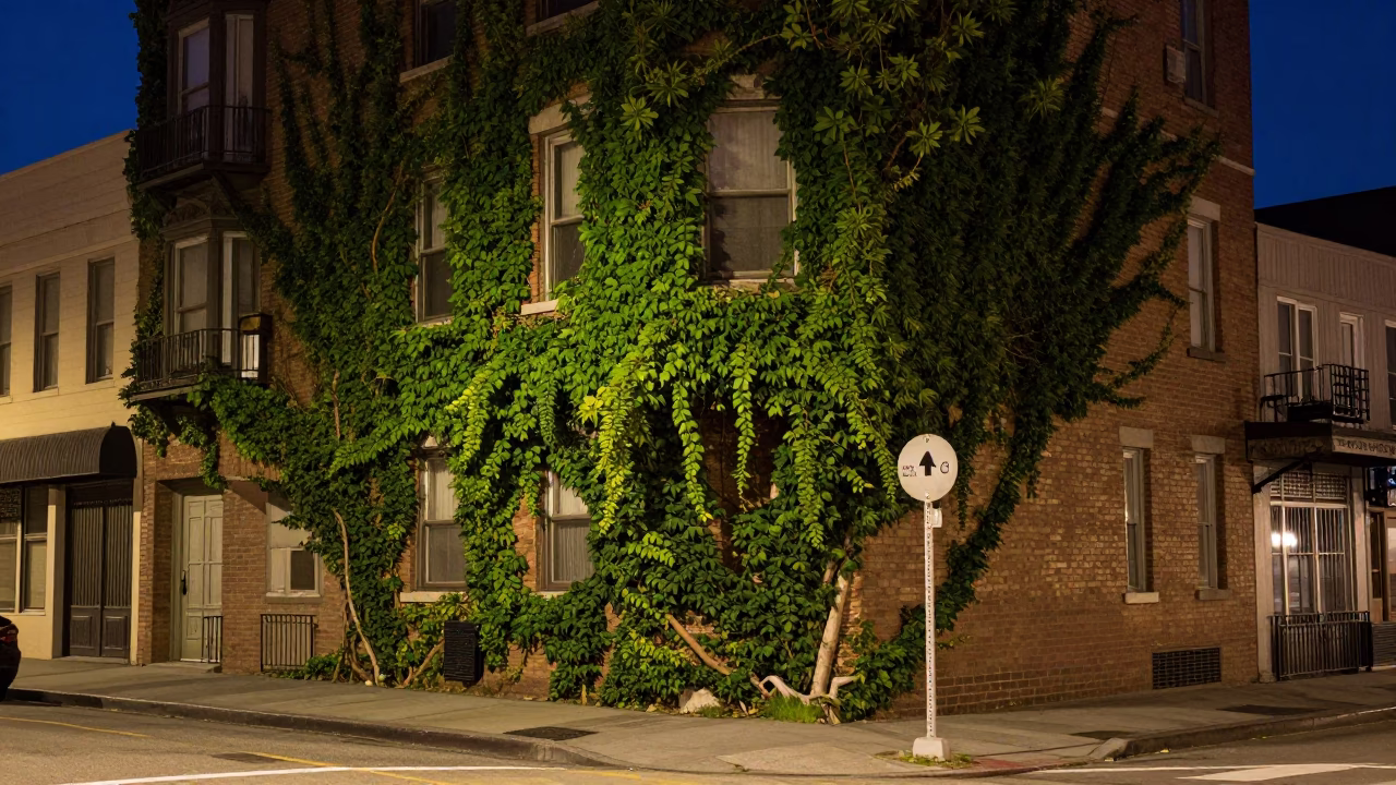 Midnight San Francisco Street Scene with Ivy Vines and Urban Infrastructure in in San Francisco, California, United States