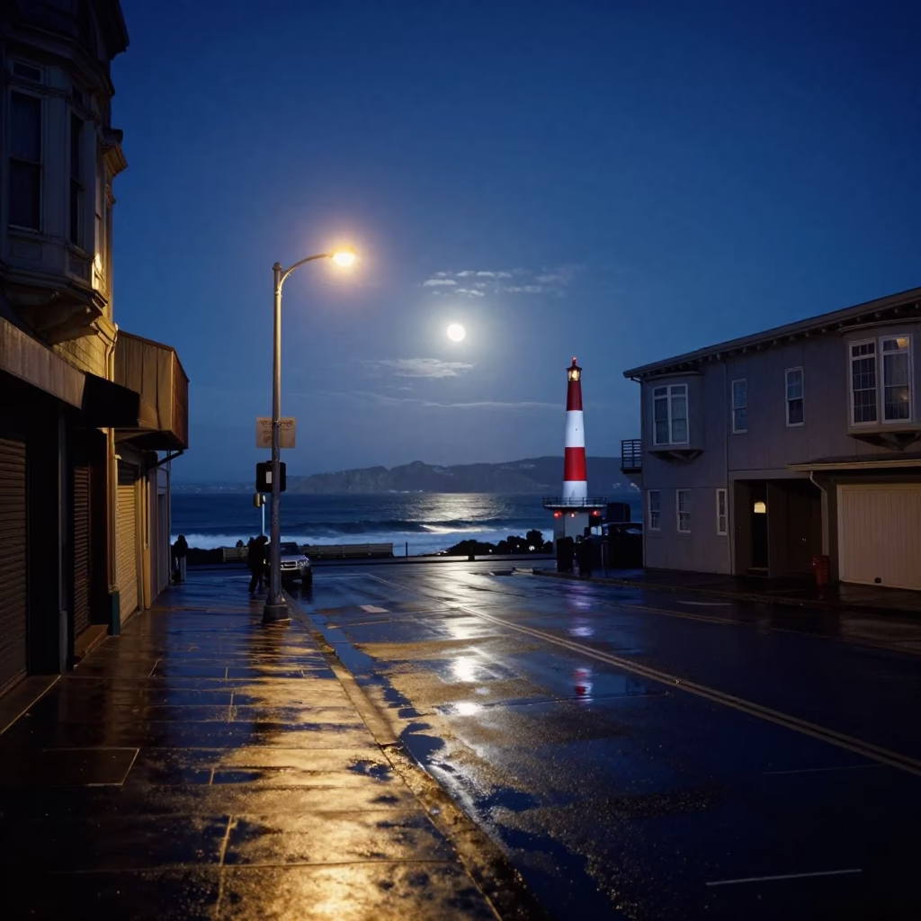 Midnight San Francisco Street Scene with Moonlit Surf and Beacon in in San Francisco, California, United States