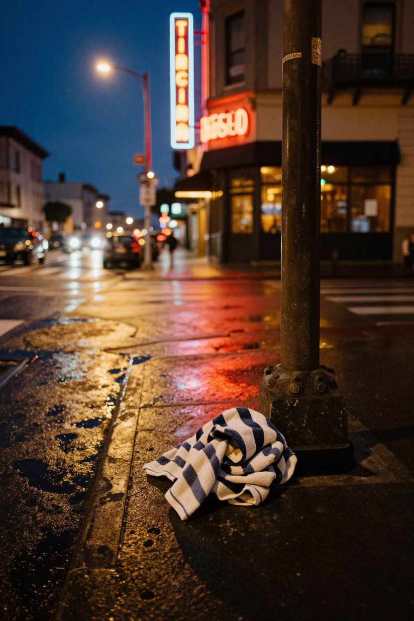Midnight San Francisco Street Scene with Striped Towel and Marble Paperweight on Concrete Curb in in San Francisco, California, United States