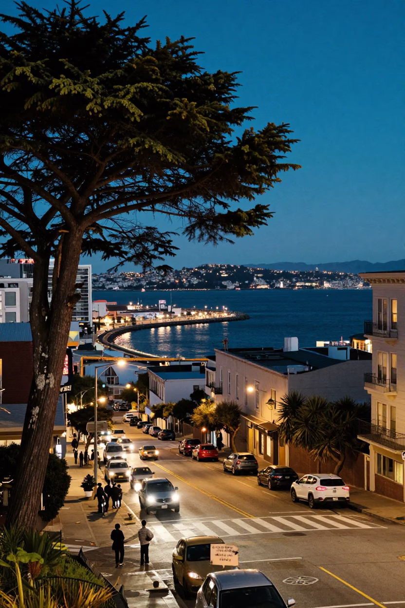 Midnight San Francisco Street Scene with Urban Lichen and Harbor Breakwater View in in San Francisco, California, United States