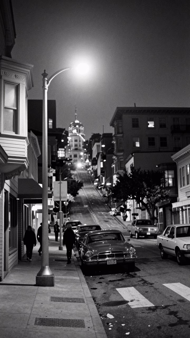 Midnight San Francisco Street Scene with Vintage 1960s Atmosphere and Urban Details in in San Francisco, California, United States
