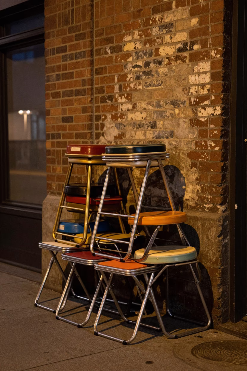 Midnight San Francisco Street Scene with Vintage 1970s Folding Stools and Urban Details in in San Francisco, California, United States