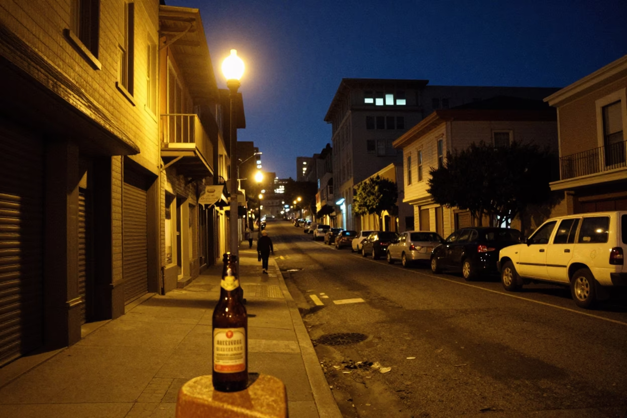 Midnight San Francisco Street Scene with Vintage Bottle and Urban Architecture in in San Francisco, California, United States