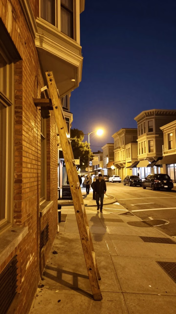 Midnight San Francisco Street Scene with Wooden Ladder and Urban Activity in in San Francisco, California, United States