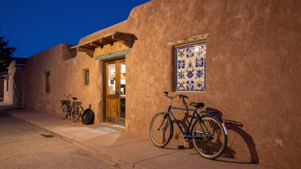 Midnight Santa Fe Adobe Alley Ceramic Tiles Bicycle and Skillet in in Santa Fe, New Mexico, United States