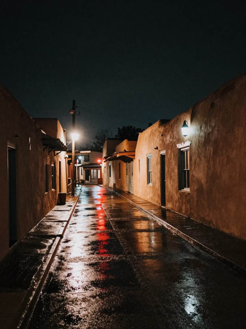 Midnight Santa Fe Adobe Alleyway with Neon Reflections and Vintage Car in in Santa Fe, New Mexico, United States