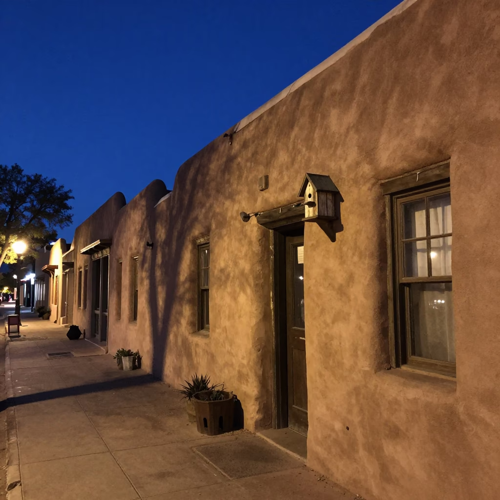Midnight Santa Fe Adobe Street Scene with Birdhouse and Urban Infrastructure in in Santa Fe, New Mexico, United States