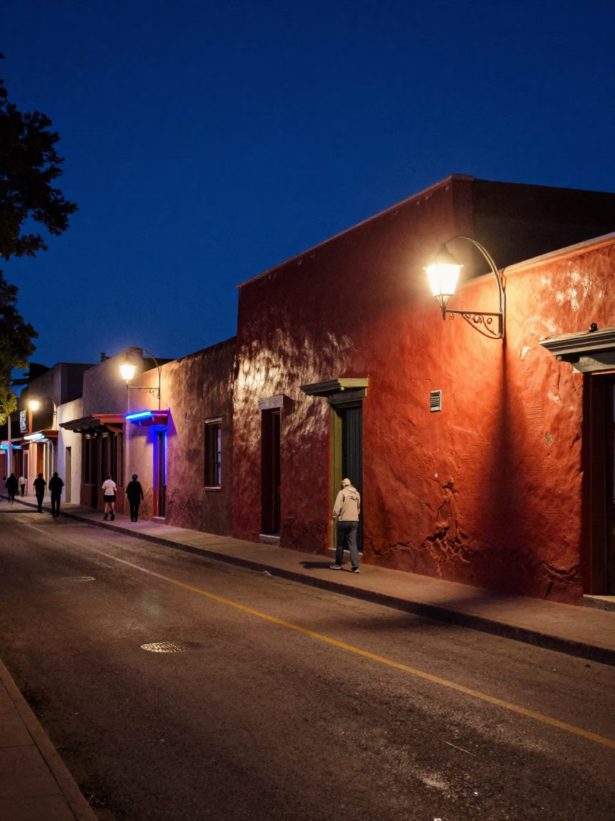Midnight Santa Fe New Mexico Street Scene with Colorful Lights and Traditional Architecture in in Santa Fe, New Mexico, United States