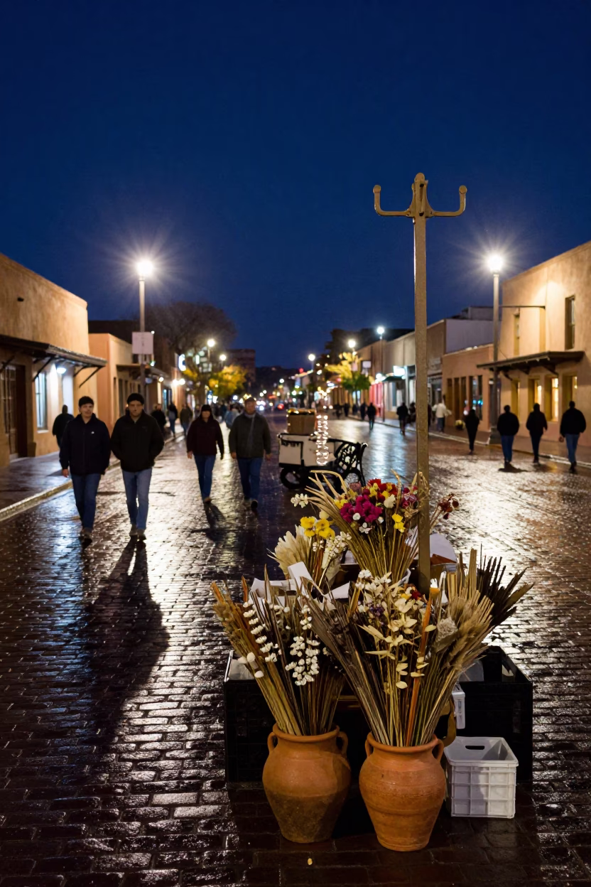 Midnight Santa Fe Plaza Street Scene with Coat Hook and Dried Flowers in in Santa Fe, New Mexico, United States