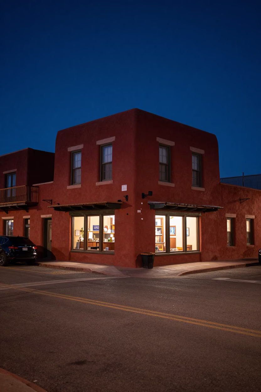 Midnight Santa Fe Street Scene with Adobe Architecture and Local Nightlife Details in in Santa Fe, New Mexico, United States