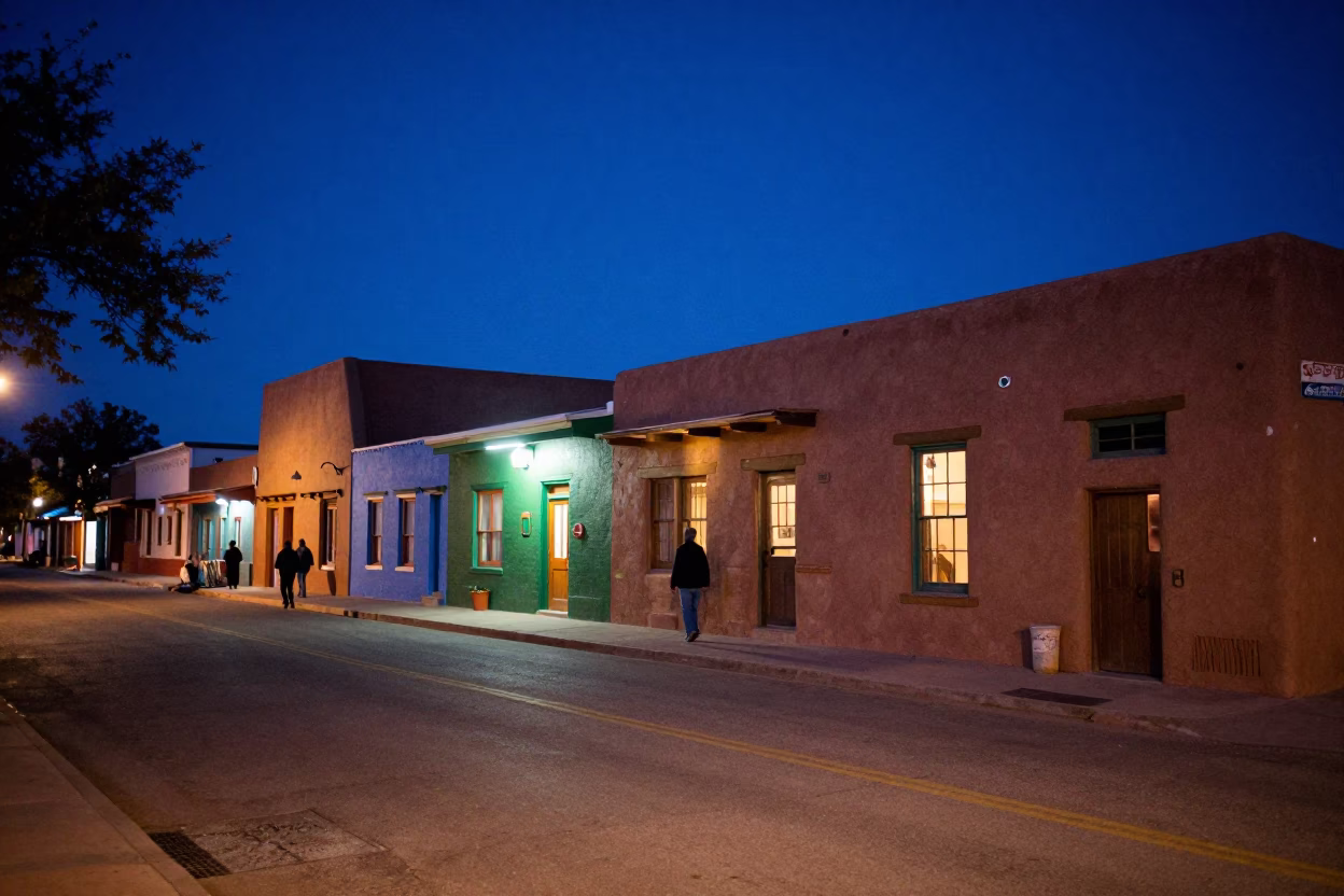 Midnight Santa Fe Street Scene with Colorful Adobes and Neon Signs in in Santa Fe, New Mexico, United States
