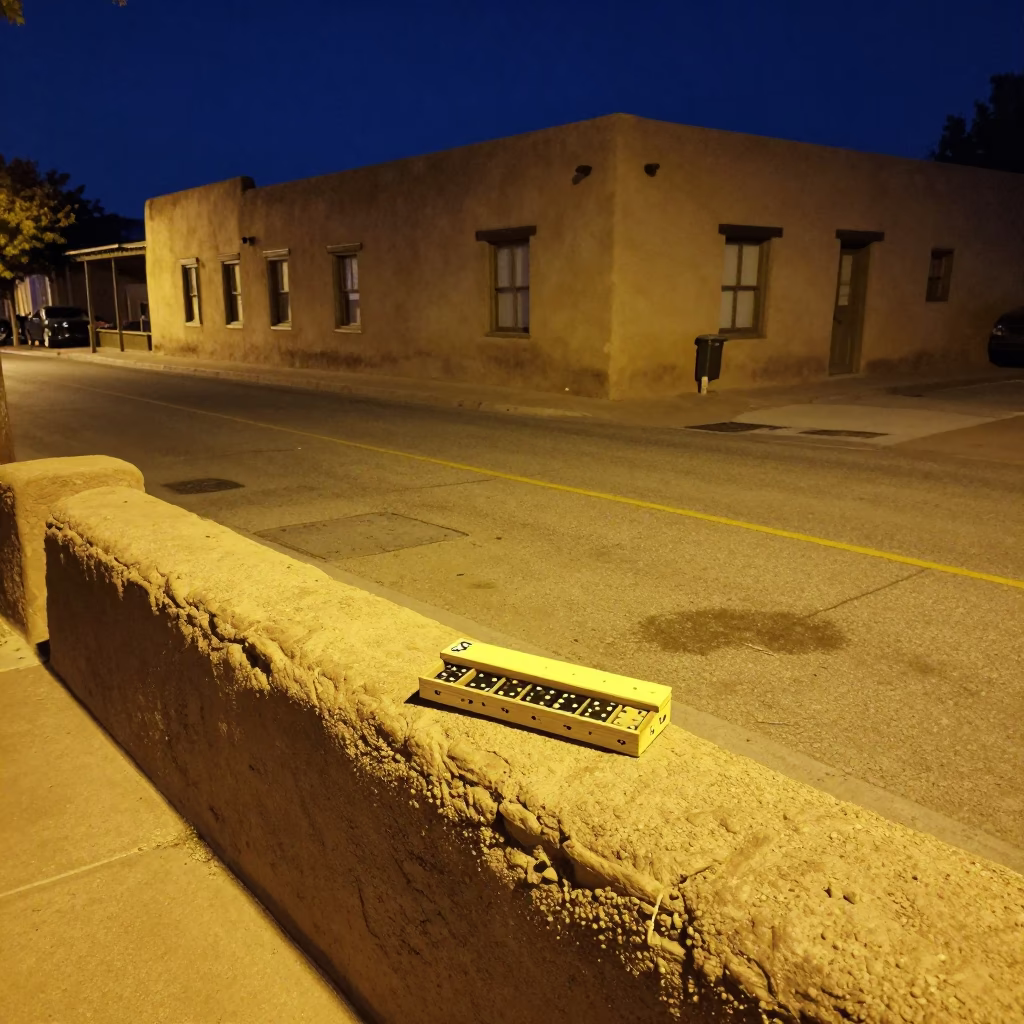 Midnight Santa Fe Street Scene with Domino Box and Dusty Sill in in Santa Fe, New Mexico, United States