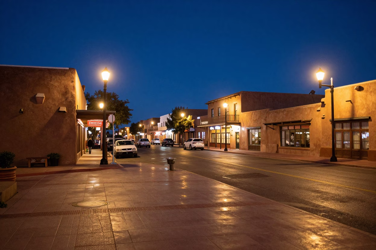 Midnight Santa Fe Street Scene with Neon Lights and Adobe Architecture in in Santa Fe, New Mexico, United States