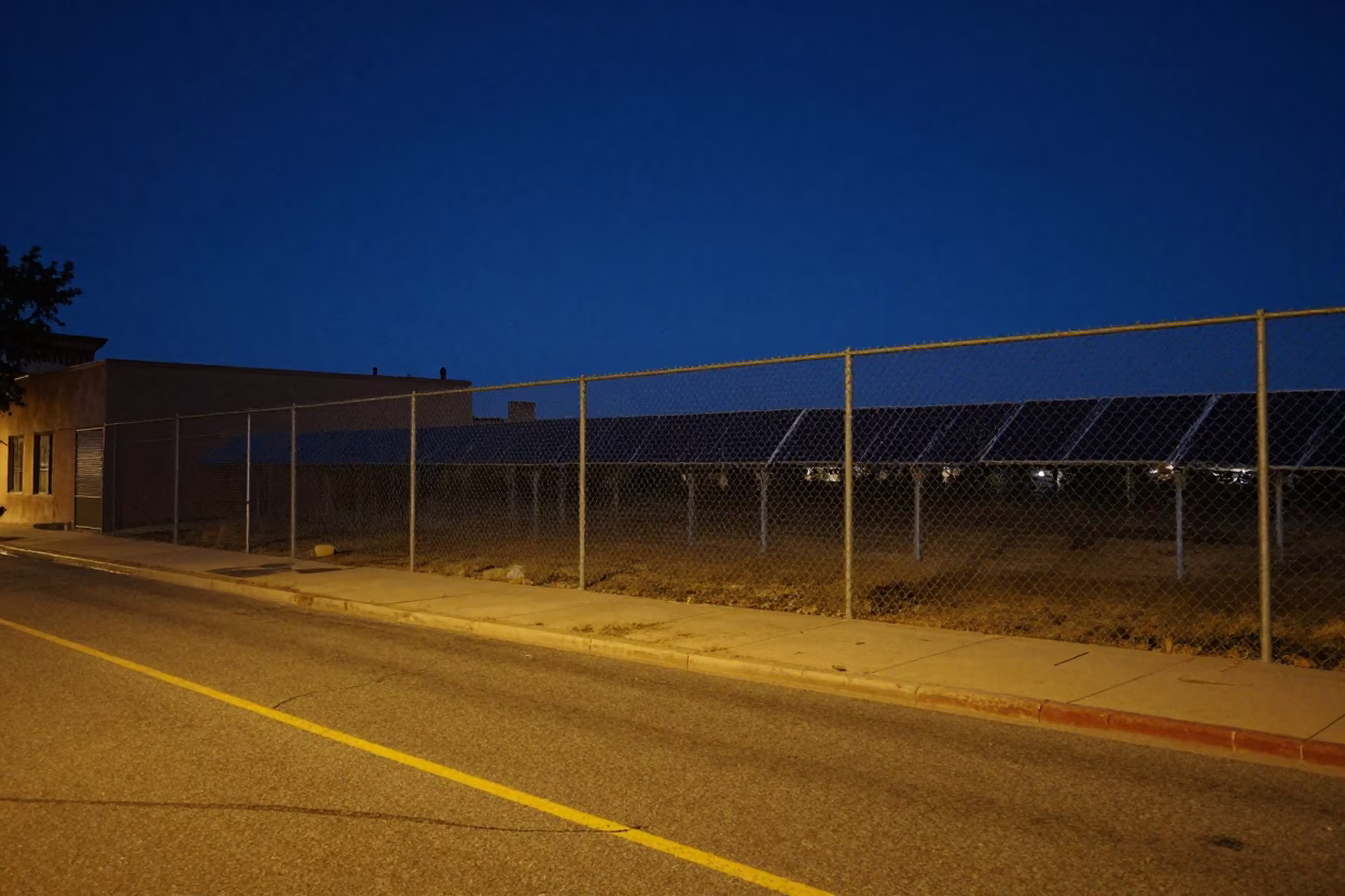 Midnight Santa Fe Street Scene with Solar Array Fence and Desert Wind in in Santa Fe, New Mexico, United States