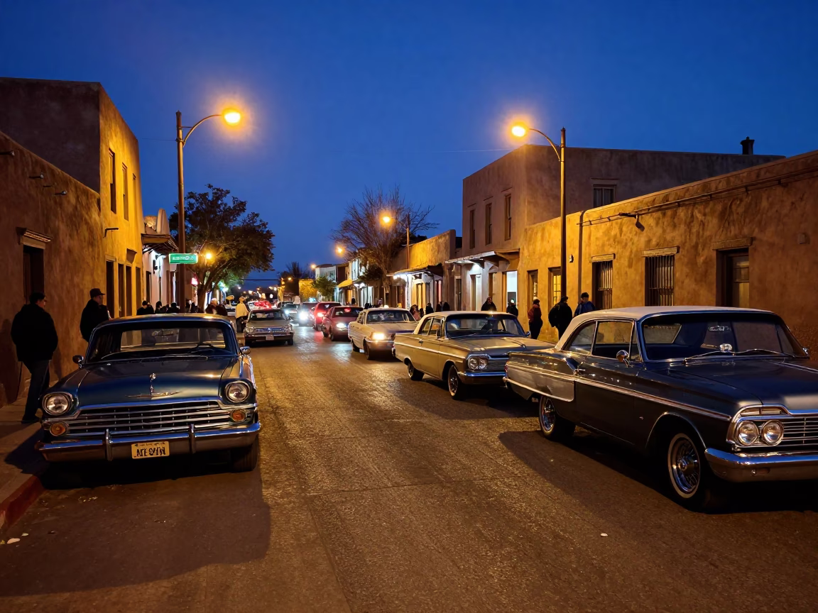 Midnight Santa Fe Street Scene with Vintage Car Rally and Bougainvillea in in Santa Fe, New Mexico, United States