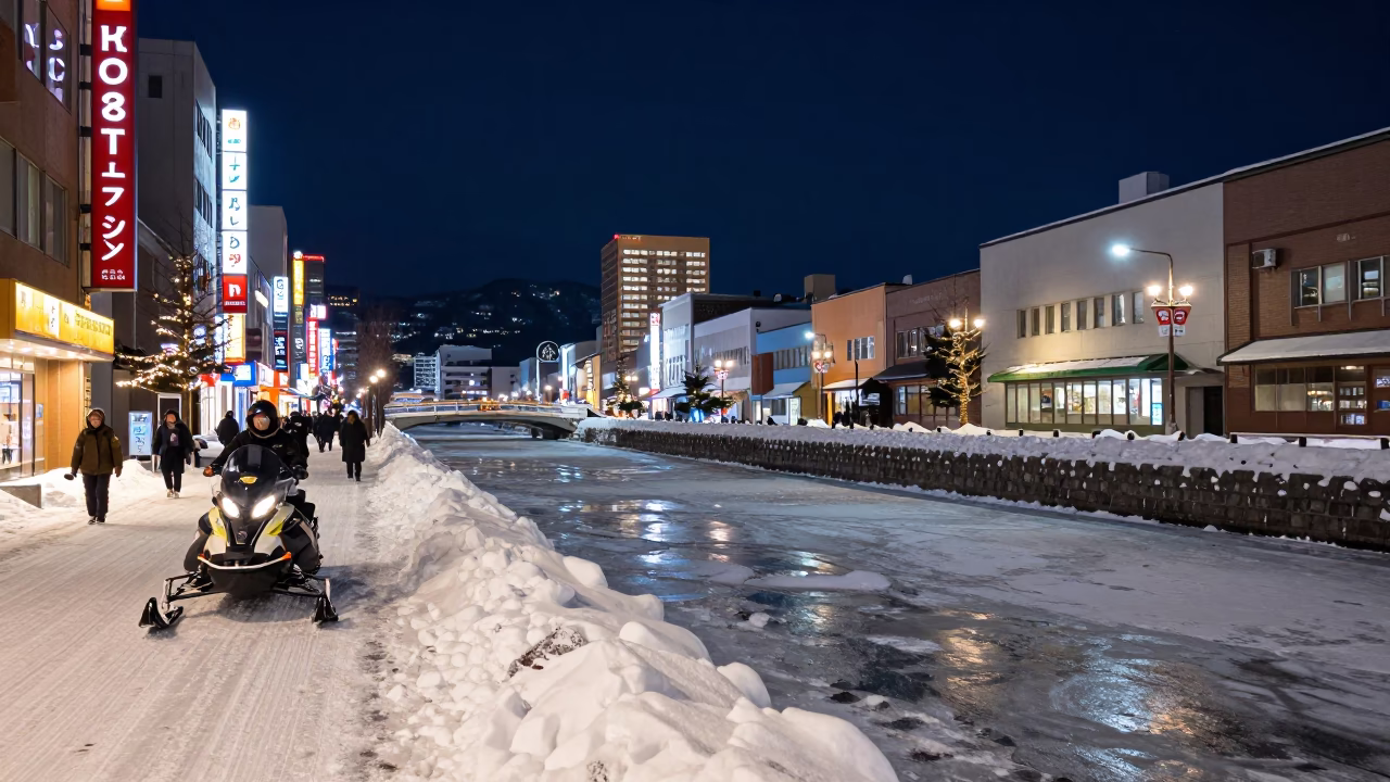 Midnight Sapporo Neon Street Scene with Snowmobile and Local Nightlife in in Sapporo, Japan