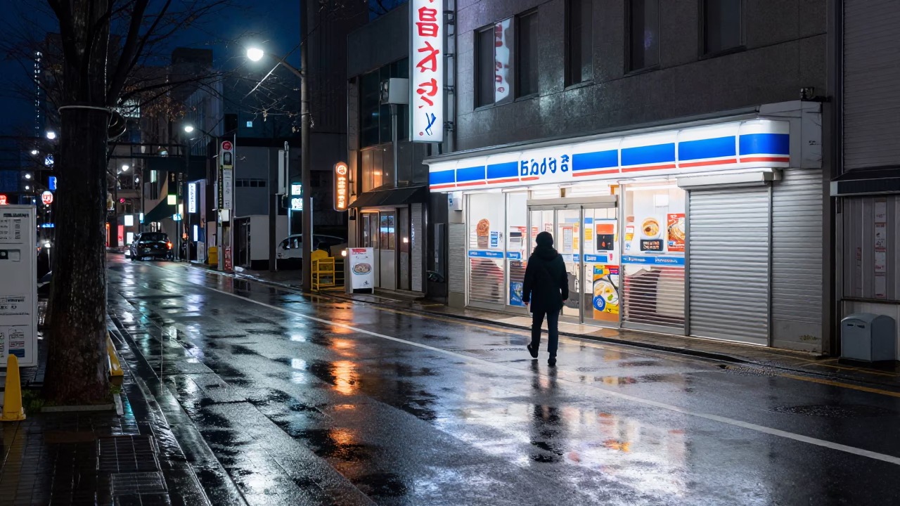 Midnight Sapporo street scene with brushed steel reflection and urban architecture in in Sapporo, Japan