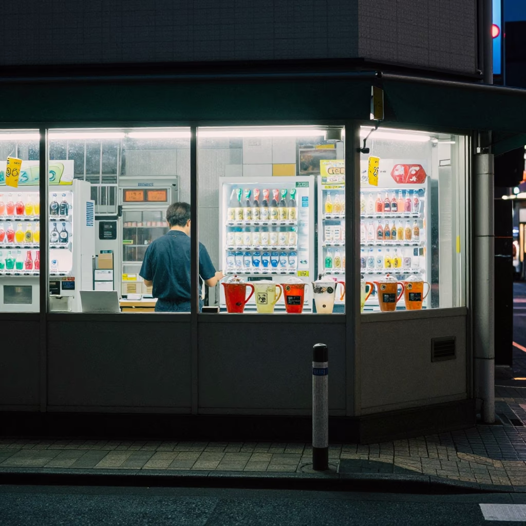 Midnight Sapporo Street Scene with Neon Reflections and Local Convenience Store Interior in in Sapporo, Japan