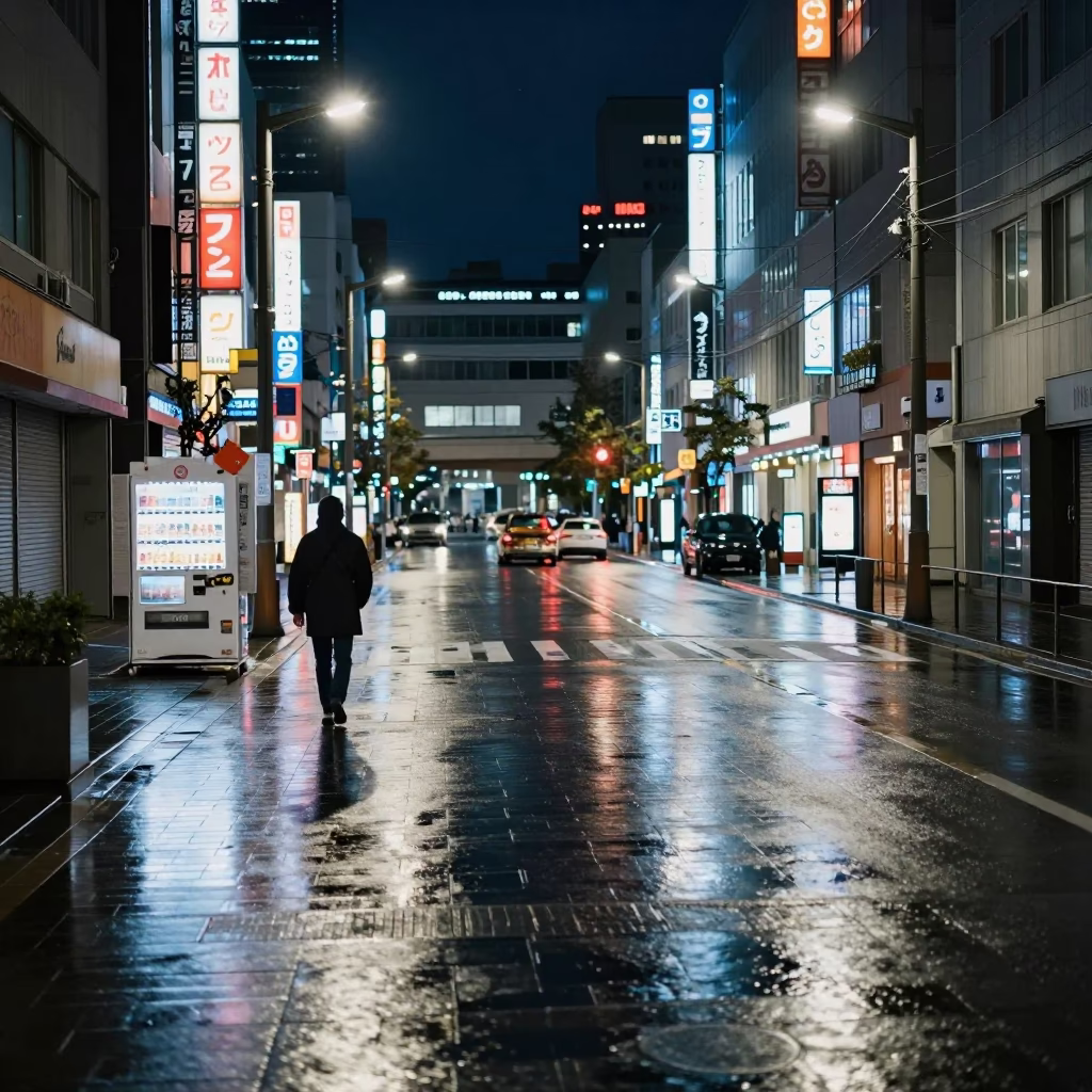 Midnight Sapporo Street Scene with Neon Reflections and Urban Details in in Sapporo, Japan