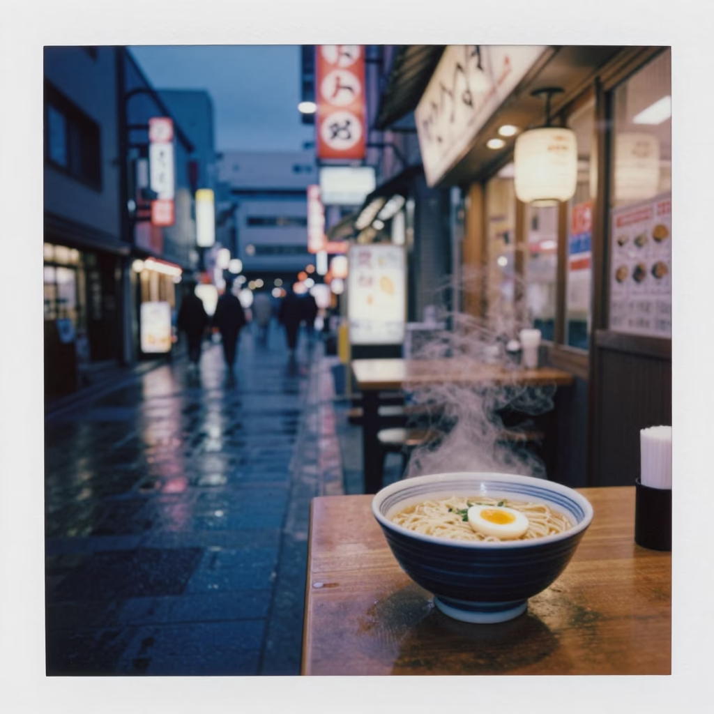 Midnight Sapporo Street Scene with Ramen Bowl and Peg Rails in in Sapporo, Japan