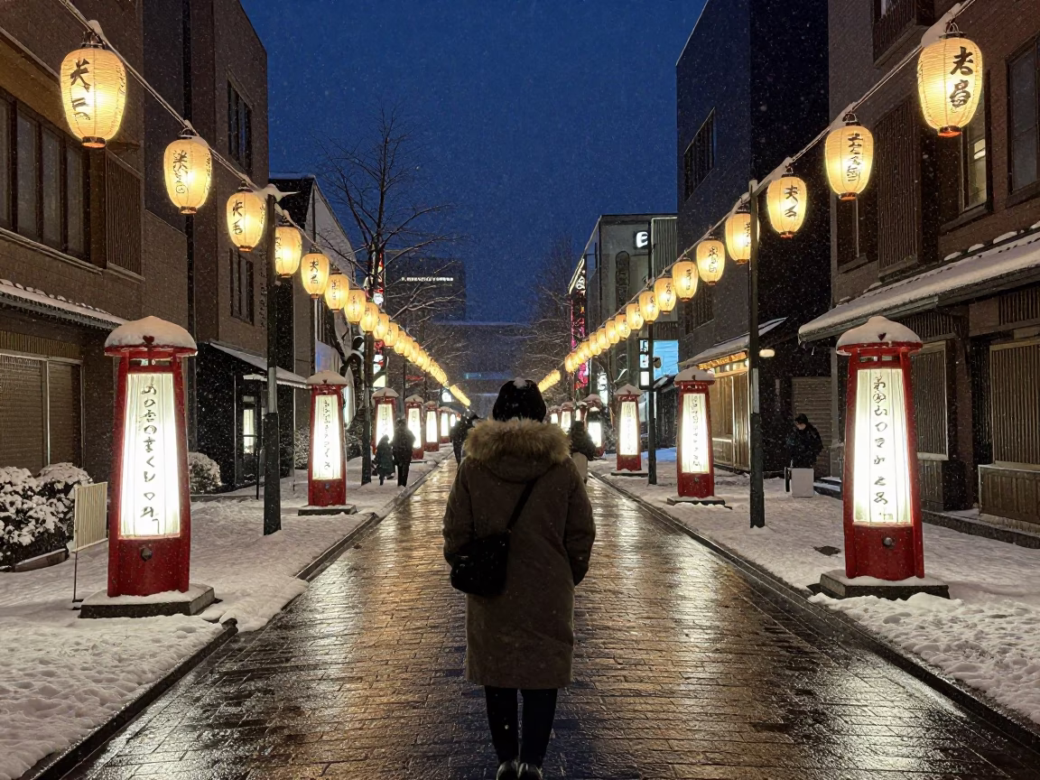 Midnight Sapporo Street Scene with Snow and Traditional Lanterns in in Sapporo, Japan