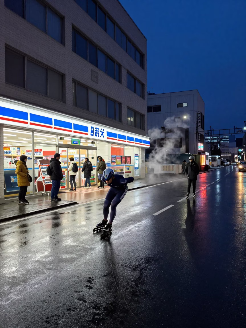 Midnight Sapporo Street Scene with Speed Skater and Steaming Hotpot Vendor in in Sapporo, Japan
