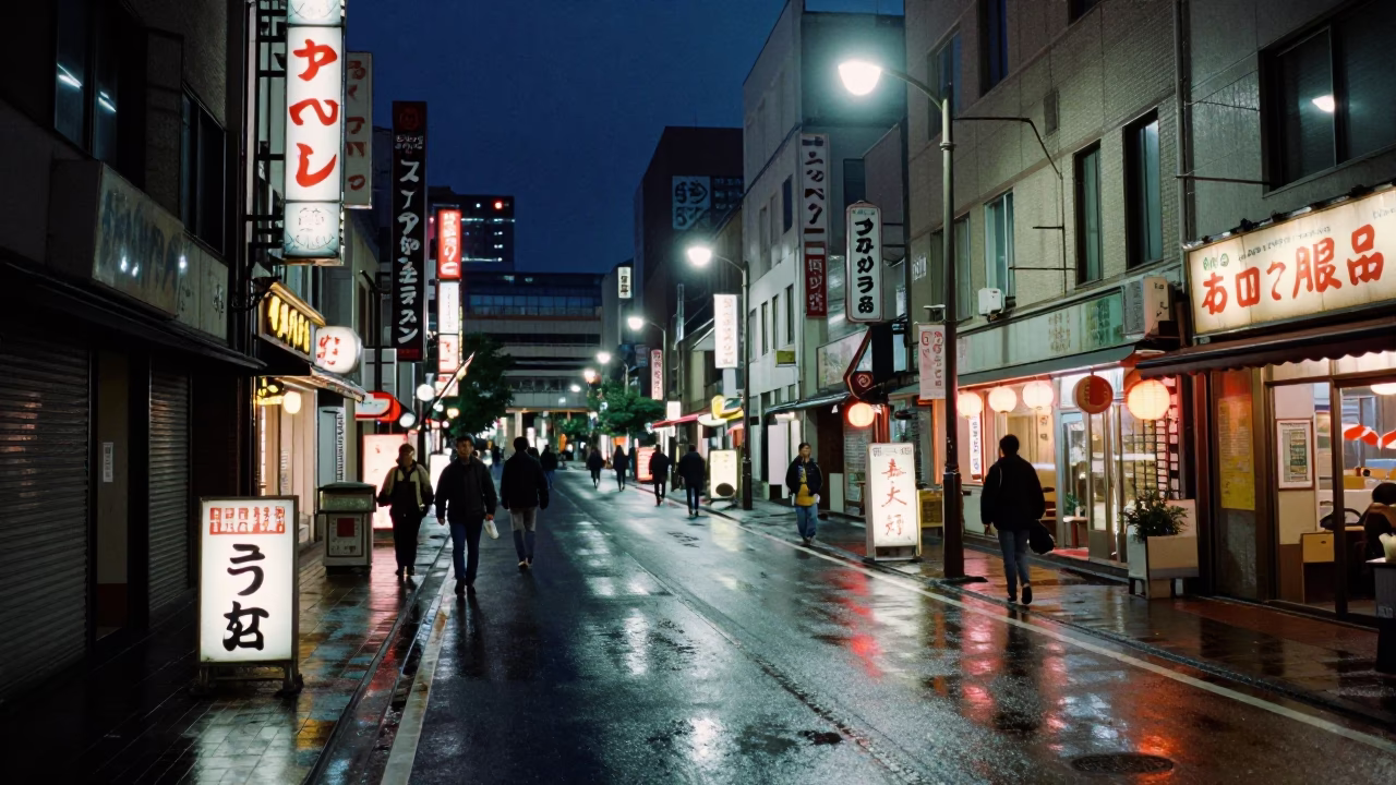 Midnight Sapporo Street Scene with Vintage 1950s Atmosphere and Glass Vase in in Sapporo, Japan