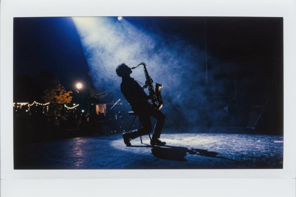Midnight Sax Solo Under Blue Spotlight in on a theater stage in Georgetown, Seattle