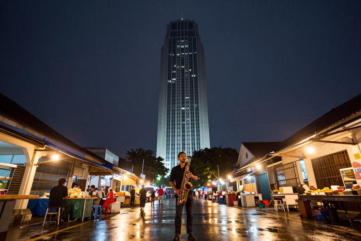 Midnight Saxophone Giant in Blok M Market Lane in along a market lane in Blok M, Jakarta