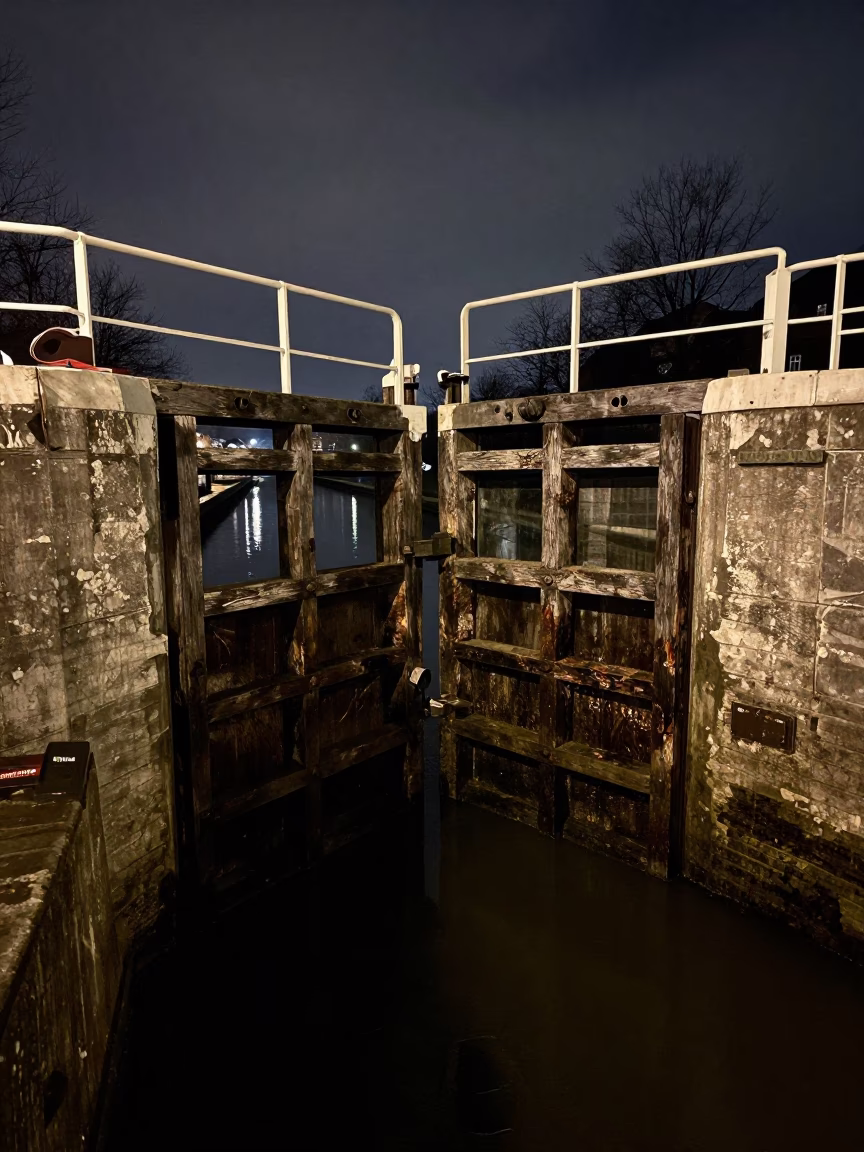 Midnight Scene at Brussels Canal Lock with Wet Footsteps and Rotten Timber Gates in in Brussels, Belgium