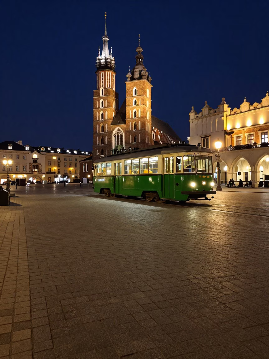 Midnight Scene at Krakow Main Market Square with Vintage Tram and Cobblestone Streets in in Krakow, Poland