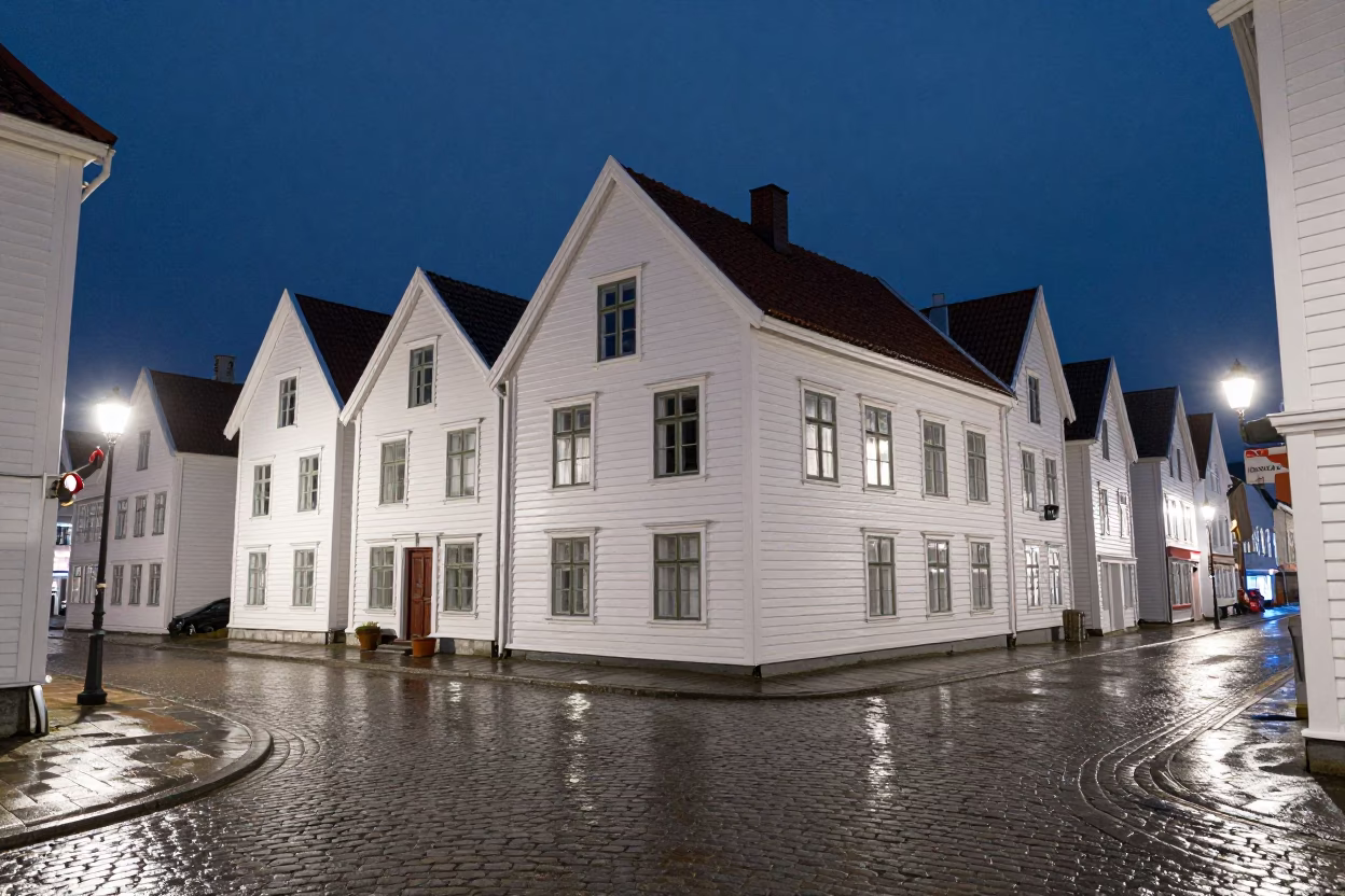 Midnight Scene in Bergen at Midnight Light in in Bergen, Norway