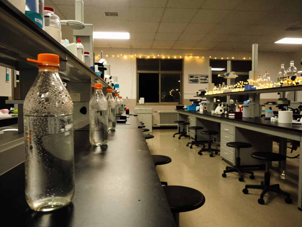 Midnight School Lab With Stools And Water Bottles in in a school laboratory near Ningbo