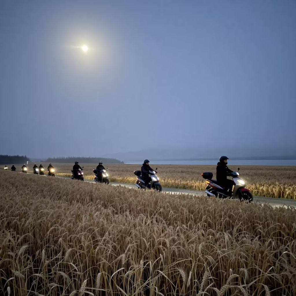 Midnight Scooter Convoy Through Alaska Wheat Fields in beside a fogbound harbor mouth in Alaska