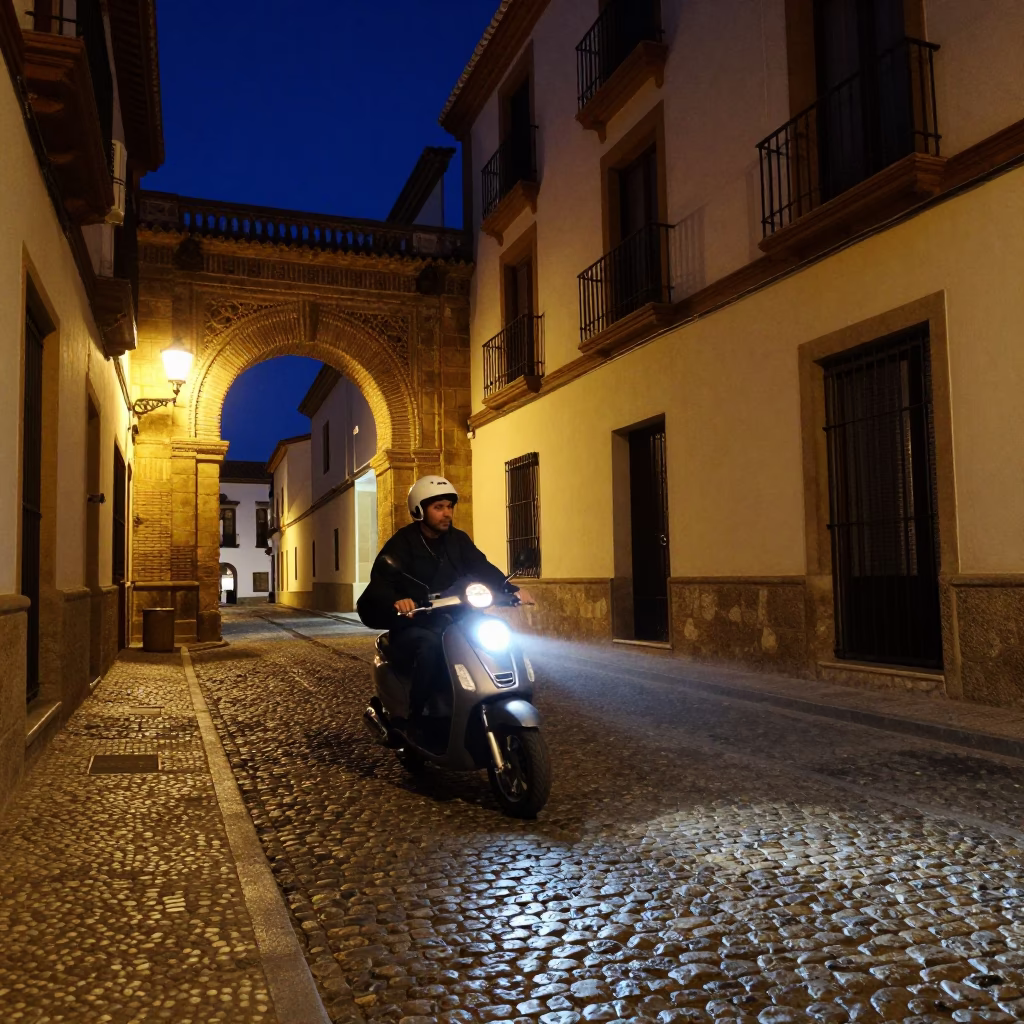 Midnight Scooter Weaving Through Narrow Granada Streets with Neon Lights in in Granada, Spain