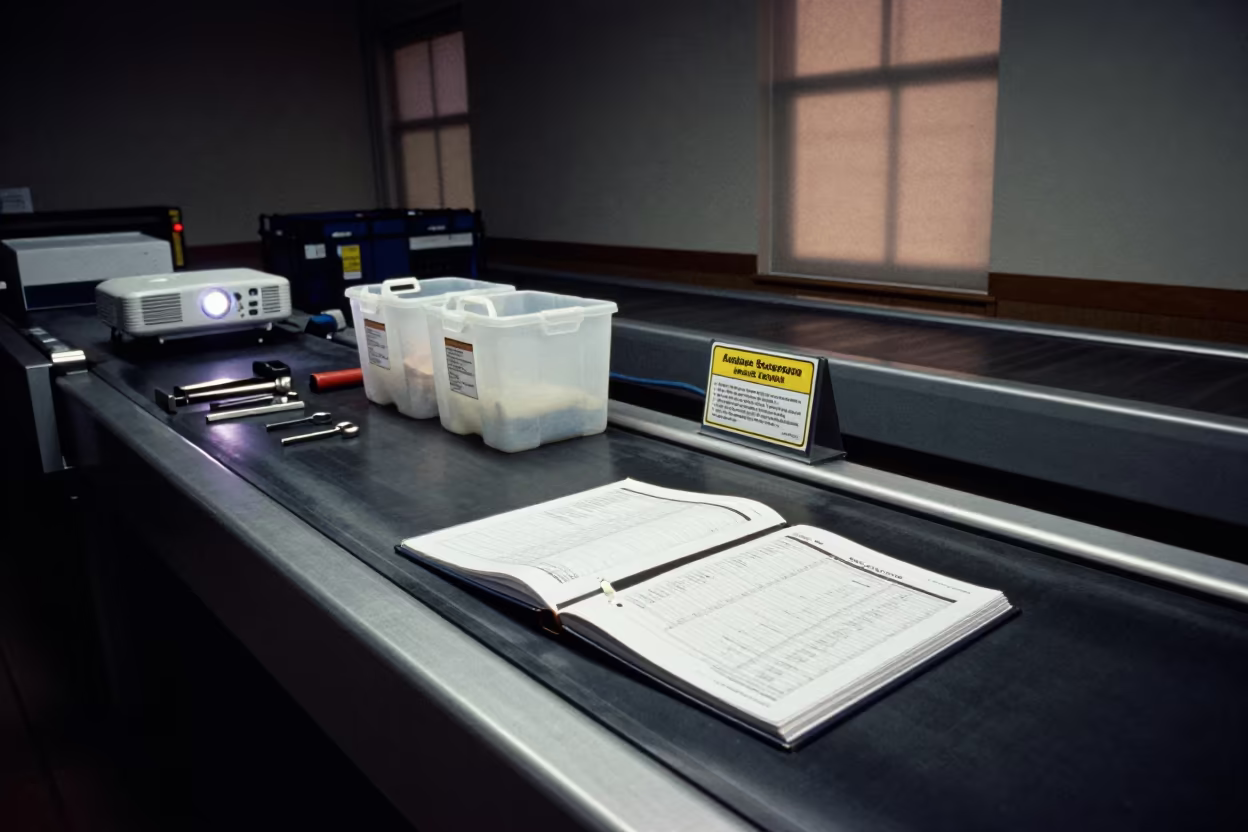 Midnight Seal Audit Binder on Sorting Belt in at a parcel sorting belt in Japantown, San Francisco