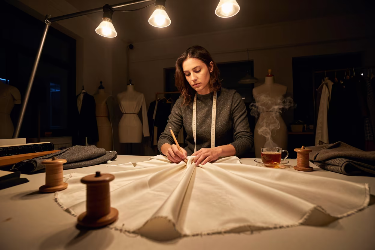 Midnight Seamstress in Shanghai Coutelier in inside a couture atelier near Shanghai