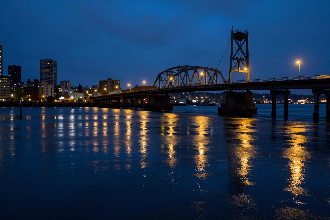 Midnight Seattle Harbor Activity with Drawbridge Reflections and Oil Slicks in Rain in in Seattle, Washington, United States