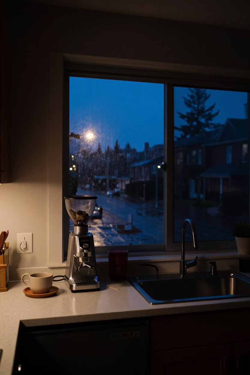 Midnight Seattle Kitchen Interior with Coffee Grinder and Dusty Window in in Seattle, Washington, United States